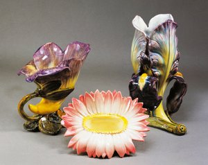 Convolvulus-shaped Vase, Daisy-shaped Cachepot and Iris-shaped Vase by Delphin Massier