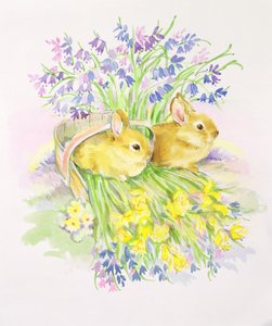 Rabbits in a Basket with Daffodils and Bluebells