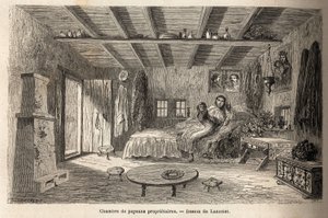 A house of owner peasants, in the vicinity of Orezu (Walachia region, Romania). Engraving to illustrate the voyage from Paris to Bucharest, by Lancelot, draftsman, in 1860, published in Le tour du monde, nouveau journal des voyages, under the direction of  by Dieudonne Auguste Lancelot
