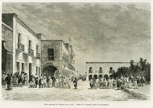 Municipal Palace of Valladolid. Engraving to illustrate the story Ma last expedition au Yucatan, by Desire Charnay, in le tour du monde 1887, directed by Edouard Charton, Hachette, Paris. by Dieudonne Auguste Lancelot