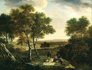 An Extensive Wooded Landscape with Peasants by a Path, a Town Beyond