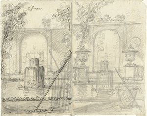 Two Designs for a Garden View with Fountain and Garden Tools in the Foreground