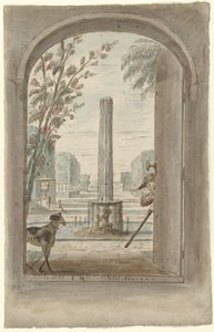 Design for a Room Painting with a View Through an Open Door into a Garden with a Fountain by Dionys van Nijmegen