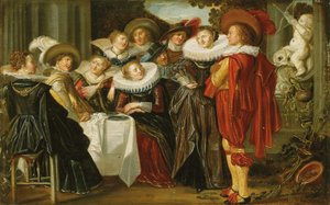 An elegant company lunching on a terrace
