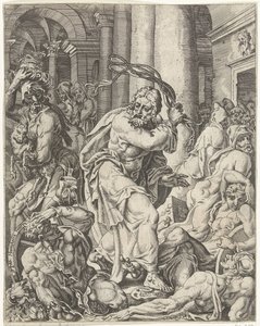 Expulsion of the Money Changers from the Temple (series title: The Fall and Redemption of Mankind through the Life and Passion of Christ) by Dirck Volckertsz. Coornhert (attributed to)