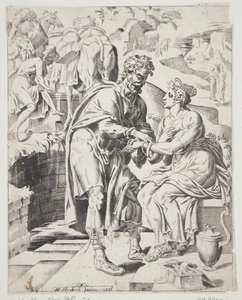 Eliezer Giving Rebecca the Bracelets by Dirck Volckertsz. Coornhert