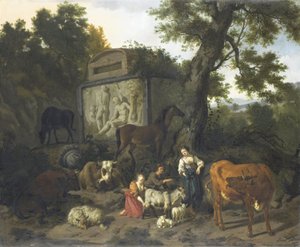 Landscape with Herdsmen and Cattle near a Tomb by Dirck van Bergen