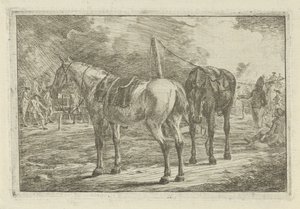 Two Saddled Horses at a Military Camp