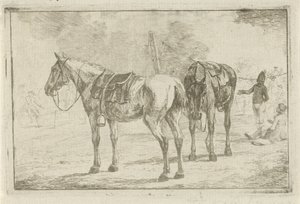 Two Saddled Horses by a Military Camp
