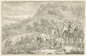 Mountain Landscape with a Dismounted Rider and Other Hunters on Horseback by Dirk Maas