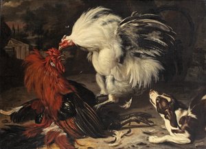 Two Roosters Fighting and a Dog Watching, a Park Landscape Beyond