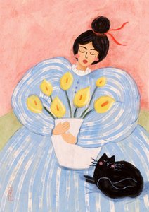 Woman With Flowers And Cat