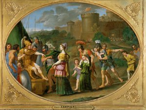 Timoclea is led before Alexander the Great as a prisoner