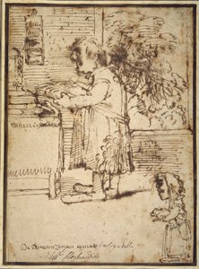 Caricature of the Aldobrandini theologian, with a female dwarf holding her dog by Domenichino