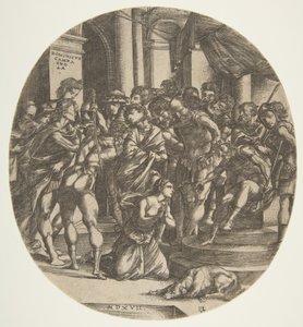 Female Figure Saint Catherine Kneeling on the Ground at Center Pleading to a Male Figure, 1517 by Domenico Campagnola