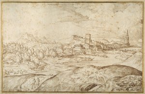 Mountainous Landscape with a River, and a Fortified Town with a Spired Tower