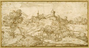 Mountainous landscape with a walled hill town: a shepherd accosted as he tends his flock in the foreground by Domenico Campagnola