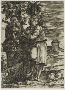 Shepherd and Old Warrior by Domenico Campagnola