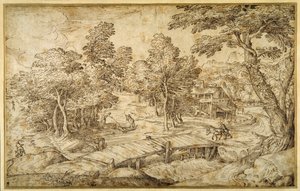 Wooded landscape with a farmstead and a wooden bridge over a sluice