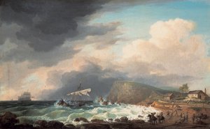 A Shipwreck Off a Coast with Survivors and Rescuers on a Beach