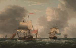 An English Two-Decker Lying Hove to, with Other Ships and Vessels in a Fresh Breeze by Dominic Serres