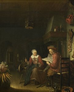 Interior with a Man Reading and a Woman Spinning Yarn by Dominicus van Tol