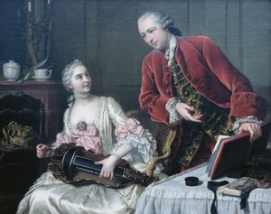 Portrait of Monsieur et Madame de Corcelles playing Music in an Interior by Donat Nonotte
