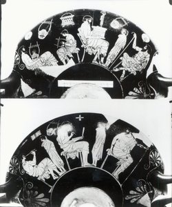 Two views of an attic red-figure cup depicting a school scene