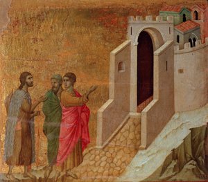 Christ and pilgrims at the gates of the city of Emmaus by Duccio di Buoninsegna