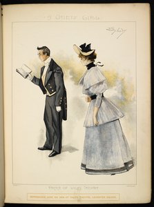 Two characters. A man reading a book and a lady by Dudley Hardy