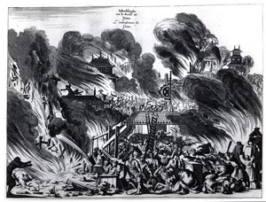 Great Fire in Yedo (Tokyo) in the 17th century, illustration from the account by Arnold Montanus of embassies sent by the Dutch East India Company to the Emperor of Japan, published in Amsterdam 1680 by Dutch School