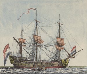 Ship of the Dutch East India Company (coloured engraving) by Dutch School