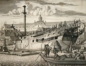 Ship which caught fire in front of the Marine Arsenal of the Dutch East India Company by Dutch School