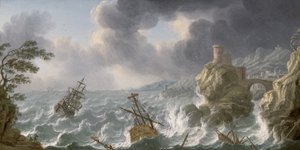 Shipwreck in a storm off a rocky coast by Dutch School