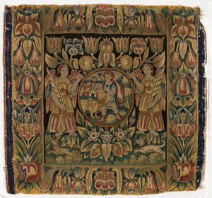 Tapestry, Samson and the Lion in roundel suspended by two angels