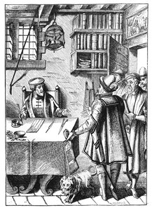 The Receiver of Taxes, after a Woodcut in Praxis Rerum Civilium by Joos de Damhouder (1507-81) Published Antwerp, 1557