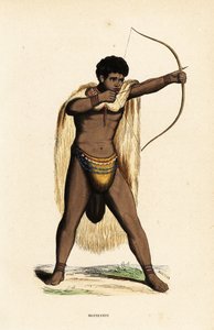Khoikhoi man in animal skin cape, beaded loincloth, with bow and arrow by Duverger Duverger