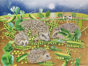 Hedgehogs with Peas beside a Poppy field at night, 1994 by E.B. Watts