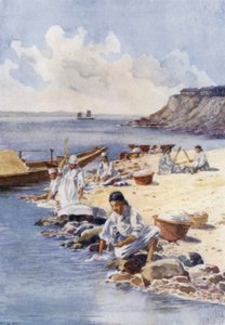 Korean women washing clothes in a river