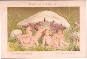 A Victorian Christmas and New Year card of a group of fairy children relaxing under a mushroom, all against a gold background by E. Gertrude Thompson