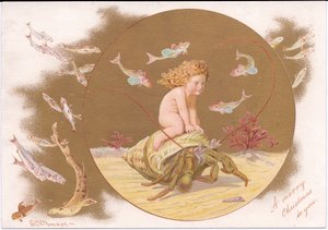 A Victorian Christmas card of a hermit crab in a shell being ridden by a water baby surrounded by a shoal of fish, by Gertrude Thompson by E. Gertrude Thompson
