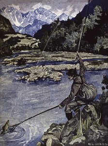 Fishing in a river, c.1900