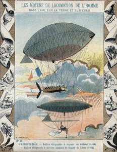 Airship invented by Henri Giffard in 1852 and Navigable airship invented by Dupuy de Lome in the 1872 - From a protective sleeve for school books, late 19th century - Airship by Henry Giffard (1825 - 1882) 1852 and the tethered balloon by Henri Dupuy de Lo