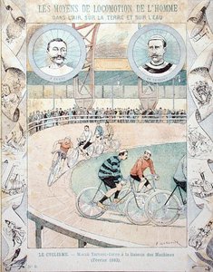 Charles Terront and Jules Corre at the Galerie des Machines in February 1893, from a schoolbook