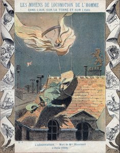 The death of Marie Blanchard, wife of aeronaut Jean Pierre Blanchard, when her balloon caught fire during a demonstration over Paris, 6 June 1819 - From a protective sleeve for school books, late 19th century