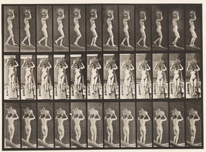 Descending Incline, 20-lb Basket on Head, Hands Raised by Eadweard Muybridge
