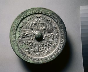 Mirror Featuring Deities and Kings in Three Sections Surrounded by Rings of Squares and Semicircles by Eastern Han Dynasty Chinese School
