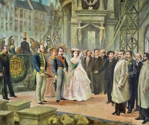 Baron Georges-Eugene Haussmann, Napoleon III, and Empress Eugenie Visiting the Workers at the Opera by Ed. Gilis