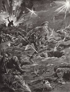 Lieutenant Benjamin Geary hurrying, under heavy shellfire, to a trench on the right of Hill 60 to get into touch with an officer, Ypres, Belgium, April 1915