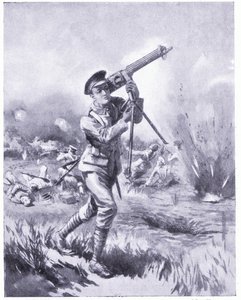 Private Lynn carrying away a machine gun for repair under heavy fire at the Battle of Aisne. Awarded DCM 1915 by Edgar Alfred Holloway